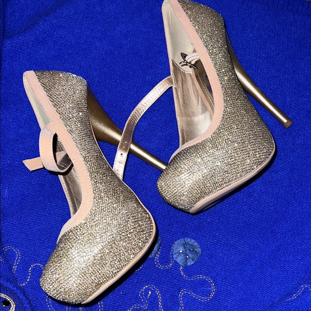 Onia Sparkling Gold Heels with Soft Pink Accents